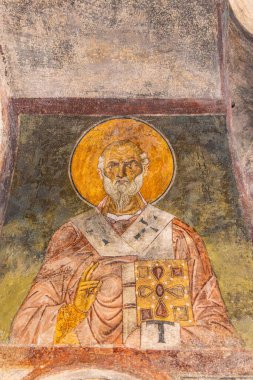 Veljusa, Strumica, Kuzey Makedonya. 3 Eylül 2024. Merhametli Theotokos Manastırı 'ndaki kilisedeki duvar resmi..