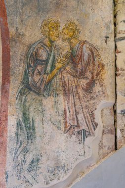 Veljusa, Strumica, Kuzey Makedonya. 3 Eylül 2024. Merhametli Theotokos Manastırı 'ndaki kilisedeki duvar resmi..