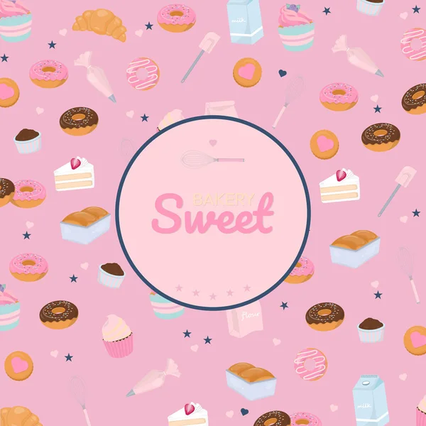 粉红背景上带有甜标识的烘焙和烘焙工具图案 — 图库矢量图片