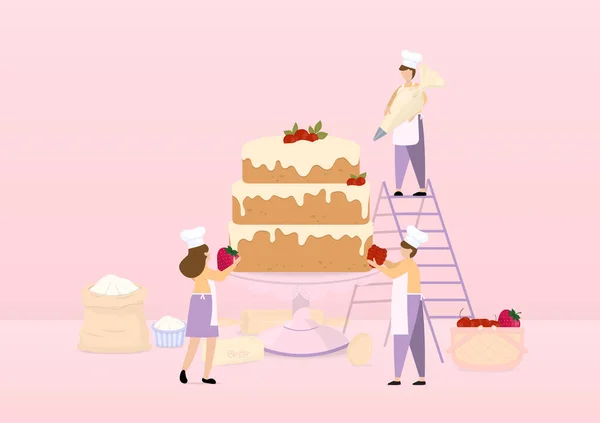 Концепція Процесу Випічки Торта Люди Прикрашають Торт Підставці Торта Фруктами — стоковий вектор