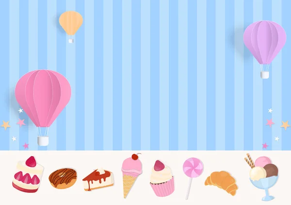 Bakkerij Achtergrond Dessert Een Heteluchtballon Met Een Blauw Streepjespatroon Papierkunst — Stockvector