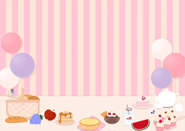 面包店背景 面包店 饮料和带条纹的氦气气球 野餐的概念 — 图库矢量图片