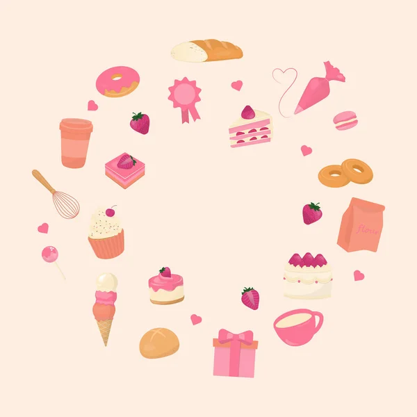 甜甜的面包店横幅 圆形甜点 配料和咖啡 — 图库矢量图片