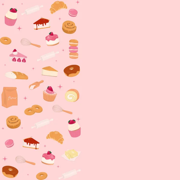 Bakery Background Dessert Baking Utensils Pattern Pink Background Space Copy — Stock Vector