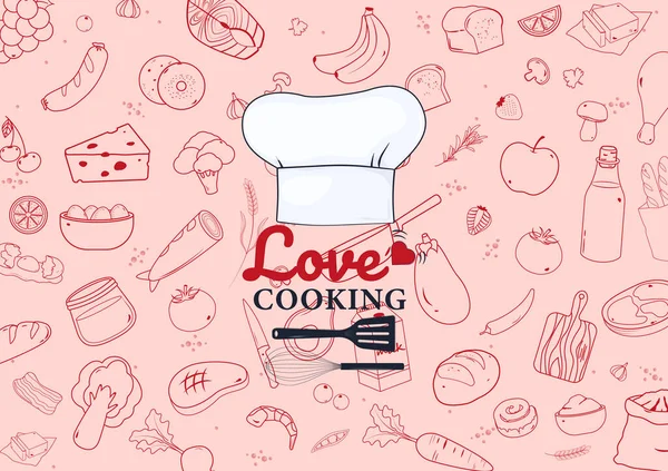 Contexte Alimentaire Chapeau Chef Avec Texte Amour Cuisine Icônes Contour — Image vectorielle
