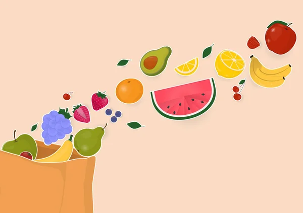 水果横幅 许多种类的水果都是米色背景的从购物袋里出来的 — 图库矢量图片