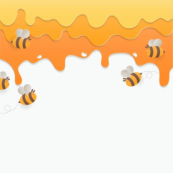亲爱的背景 蜂蜜滴液体 蜜蜂在白色背景上飞行 造纸艺术风格 — 图库矢量图片