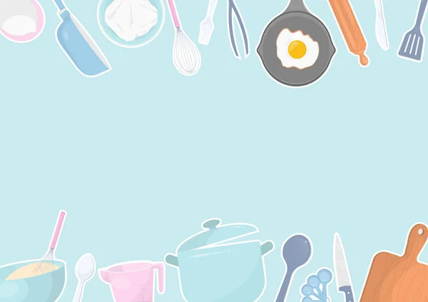 Посуда Фон Много Видов Кухонной Утвари Синем Фоне Стикер — стоковый вектор