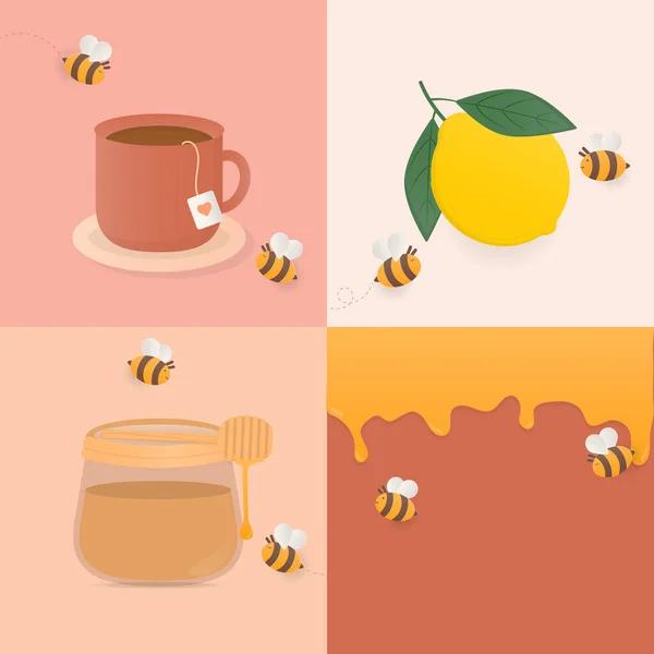 Набор Меда Пчелиного Баннера Дизайн Чашкой Чая Лимона Банка Меда — стоковый вектор