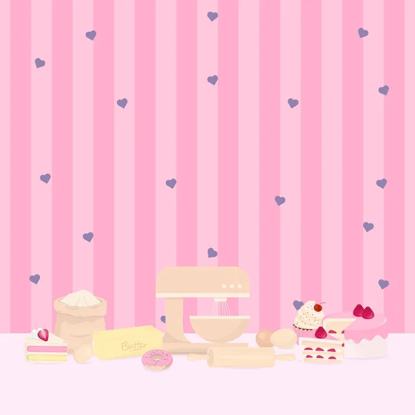 Bakkerij Achtergrond Stand Mixer Bakingrediënt Cake Met Roze Streep Patroon — Stockvector