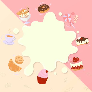 Fırın afişi. Fırın, dondurma, ekmek ve sarı sıvı pankartlı kahve..