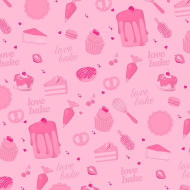 Fırın deseni. Pasta, tatlı ve aşk mesajı içeren kaplar pembe renkte pişer..