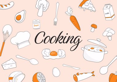 Aşçılık geçmişi. Yemek, malzeme, mutfak gereçleri ve elle çizilmiş yazı.. 