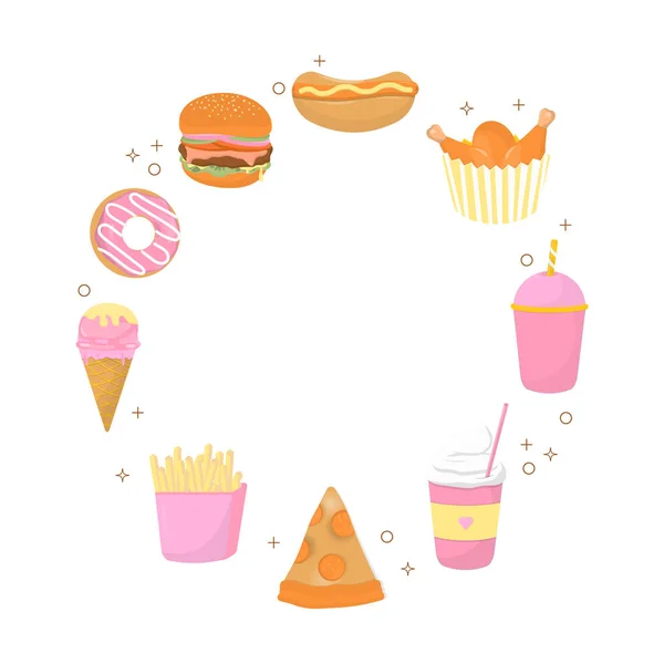 食べ物や飲み物のバナー 白い背景にカラフルな色でファーストフード デザート ドリンク — ストックベクタ