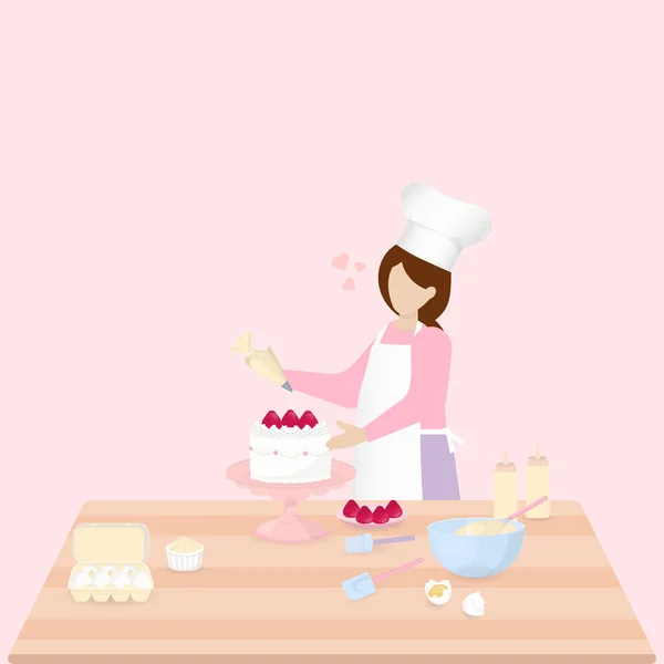 Bakery Banner Women Decorate Cake Table Ingredient — Stock Vector