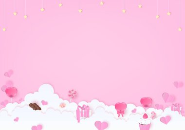 Valentine's day background. Heart, gift box, and dessert on a cloud. Paper art style.