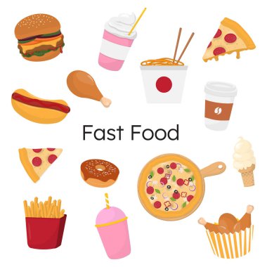 Fast food collection. Pizza, hamburger, french fire, fried chicken, ice cream, and drinks on white background. 