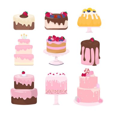 Set of cake collection with colorful color on white background. Hand-draw style. 