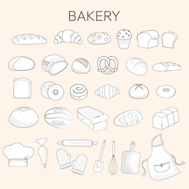 Bakery bread and kitchen utensils elements with border. Hand-draw style. 