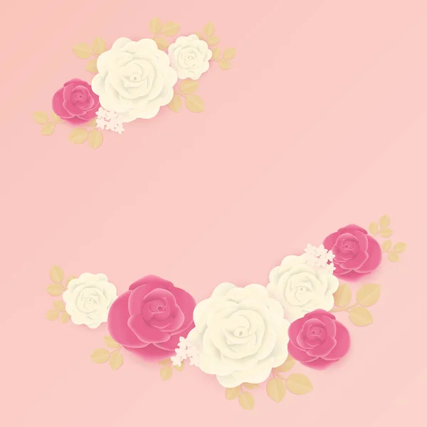 花的背景 白色和粉色玫瑰花环 有叶子和地方文字或照片的空间 — 图库矢量图片
