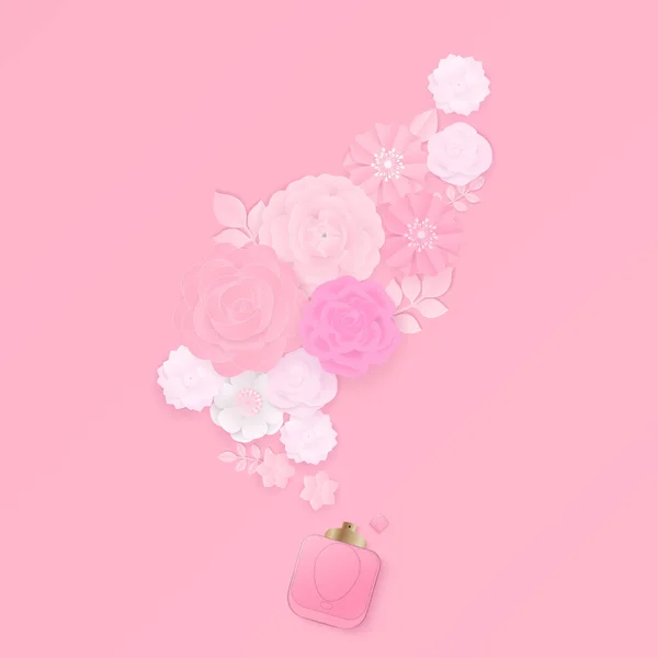 Fleurs Papier Serties Bouteille Parfum Sur Fond Rose Découpe Papier — Image vectorielle