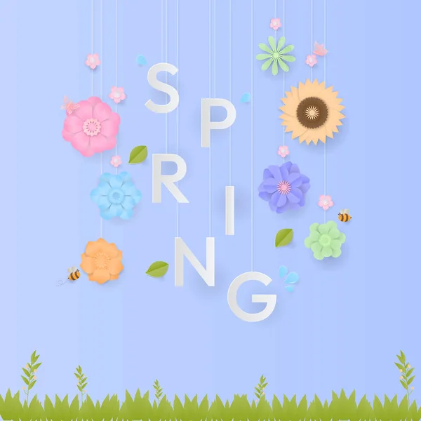 Spring Banner Konzept Frühlingstext Mit Bunten Blumen Blättern Und Gras — Stockvektor