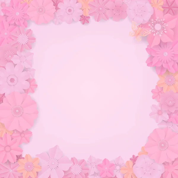 Ensemble Cadres Fleurs Papier Avec Papillon Sur Fond Rose Espace — Image vectorielle