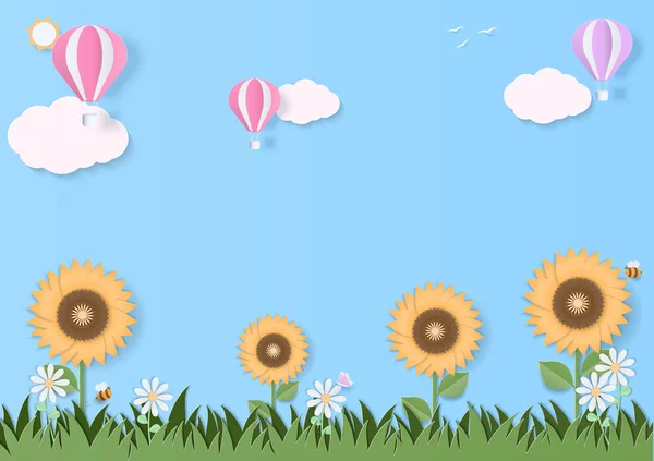 Концепція Весняного Фону Соняшники Ромашки Лузі Комахами Повітряними Кулями Хмарами — стоковий вектор