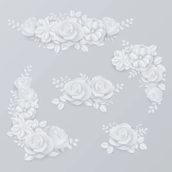 Conjunto Flores Papel Branco Projeto Grinalda Com Rosa Flor Cereja — Vetor de Stock