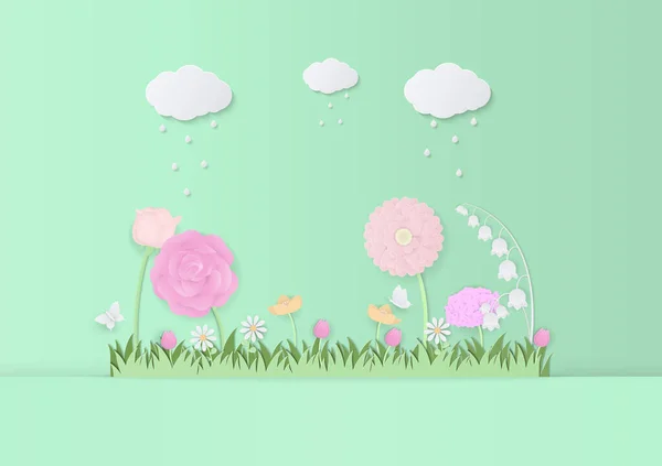 Φυσικό Σχεδιασμό Σκηνή Κήπο Λουλούδια Γρασίδι Πεταλούδα Σύννεφο Και Βροχή — Διανυσματικό Αρχείο