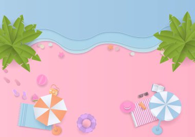 Yaz dönemi konsepti. Kumsalda deniz ve hindistan cevizi ağaçlarıyla tatlı yaz öğeleri. Kağıt tasarımı.