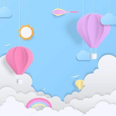 Yaz dönemi konsepti. Pastel sıcak hava balonu bulutla uçuyor ve mavi gökyüzünde uzayı kopyalıyor. Kağıt tasarımı.