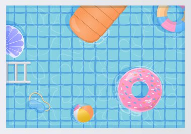 Summer background concept. Colorful inflatable ring and ball floating in the swimming pool with copy space. clipart