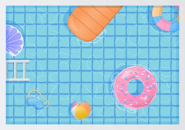 夏の背景コンセプト カラフルなインフレータブルリングとコピースペース付きスイミングプールに浮かぶボール — ストックベクタ