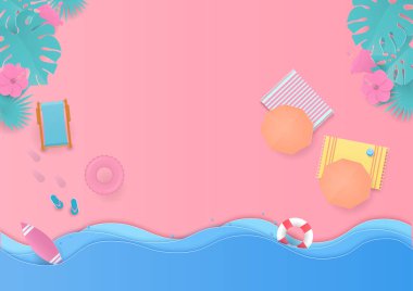 Yaz dönemi. Plaj sandalyesi, şemsiye, yüzme yüzüğü ve plajda pembe arka planda deniz dalgası olan tropikal ağaçlar. Düz dizaynlı kağıt sanatı.