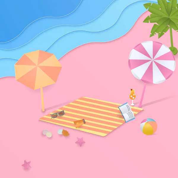 Sommerliches Hintergrundkonzept Design Mit Picknickmatte Sonnenschirm Und Meereswelle Auf Rosa — Stockvektor