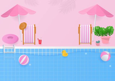 Yaz dönemi konsepti. Pembe plaj sandalyesi ve şemsiyesi yüzme havuzunun yanında ağaçlar var..