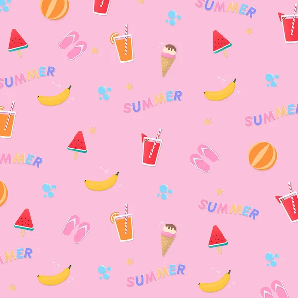 ピンクの背景にテキスト アイスクリーム ドリンク バナナ ボール サンダルで夏のパターンデザイン 紙アートデザイン — ストックベクタ
