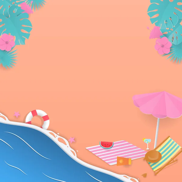 Summer Background Concept Beach Chair Umbrella Picnic Mat Tropical Trees — Stock Vector