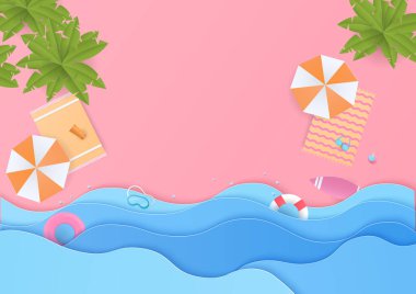 Yaz dönemi konsepti. Hindistan cevizi ağaçları ve deniz dalgalı pembe arka planda şirin yaz elementleri. Kağıt tasarımı.