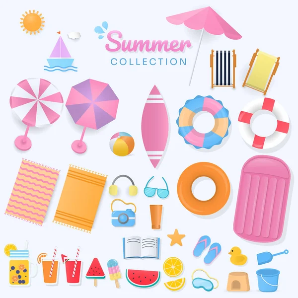 Collection Cute Summer Design Elements Pastel Color White Background Paper — Stock Vector