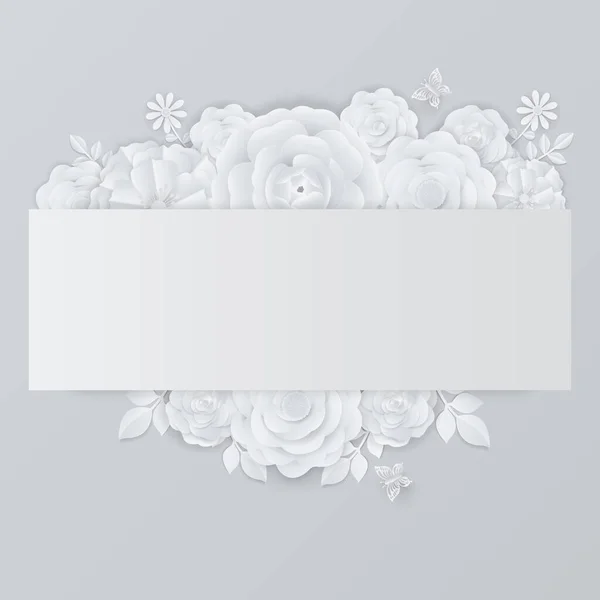 白い花の背景 デイジー グレーの背景に白いバナーを持つデザイン 紙切り クラフトデザイン — ストックベクタ