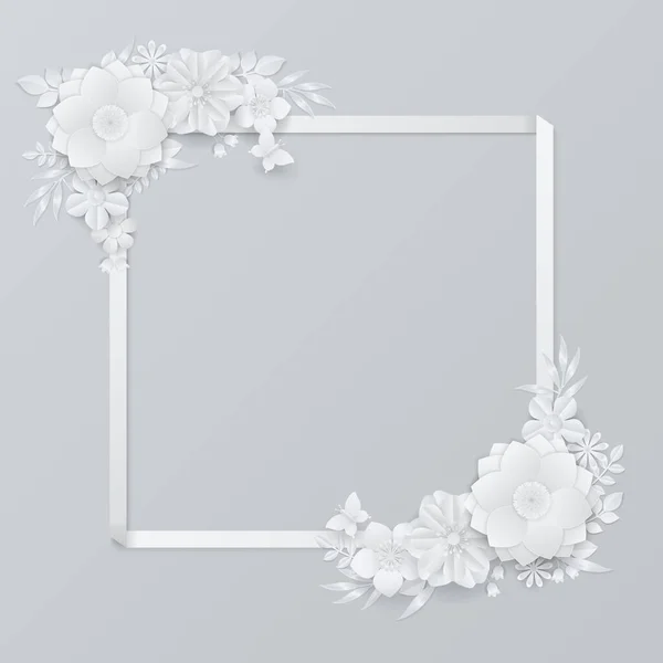 コピースペースと灰色の背景に白い花の花輪と紙のフレーム 紙切り クラフトデザイン — ストックベクタ
