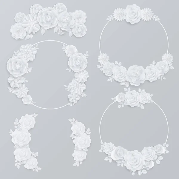 Coleção Papel Branco Design Coroa Flores Com Rosa Flor Cereja — Vetor de Stock