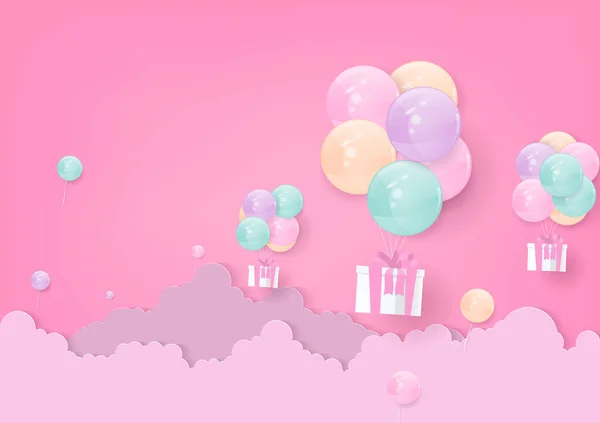 Pastelowe Balony Helowe Pudełko Prezentami Latają Niebie Chmurą Różowym Tle — Wektor stockowy