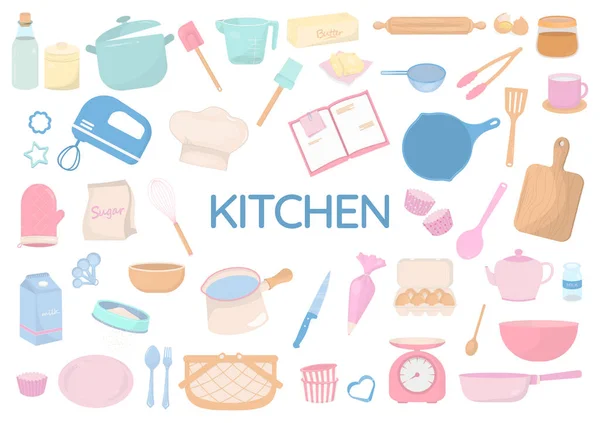 Набір Кухонних Інструментів Елементи Дизайну Посуду Приготування Їжі Пастельному Кольорі — стоковий вектор