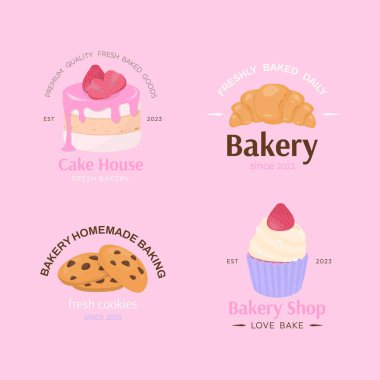 Fırın logosu ve etiketi koleksiyonu. Pasta, kruvasan, kurabiye, kek ve pembe arkaplanda pastel renkli metin tasarımı.