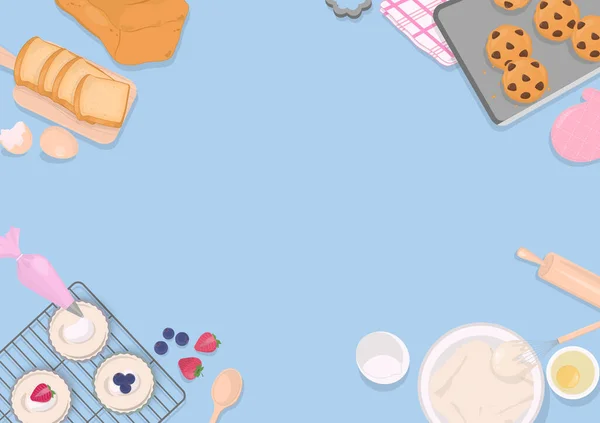 パン屋と焼き背景 カップケーキ クッキー およびコピースペースと青の背景にベーキングツール — ストックベクタ