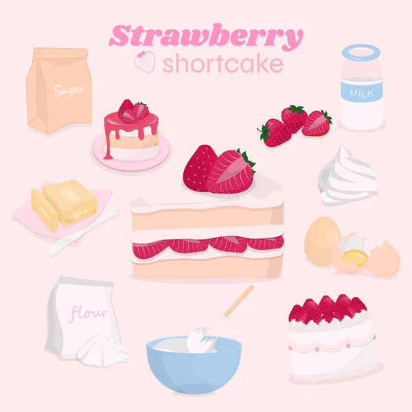 Strawberry Shortcake Receta Concepto Diseña Con Tortas Fresa Harina Azúcar — Archivo Imágenes Vectoriales