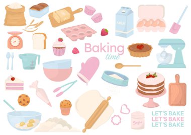 Pastane, malzeme ve fırın araçları koleksiyonu beyaz arkaplan üzerinde pastel renkli metin tasarım ögesi.